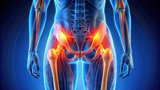 Illuminated 3D illustration of the human hip region, showcasing the gluteus maximus, gluteus medius, gluteus minimus, and tensor fasciae latae muscles in intricate anatomical detail.