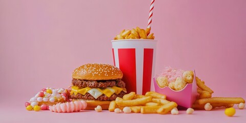 Colorful fast food spread featuring a burger, fries, and snacks against a vibrant pink backdrop.