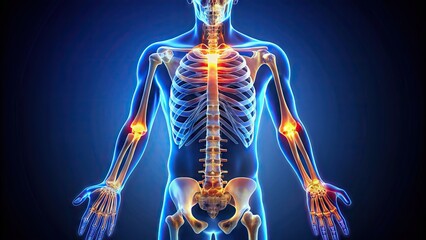 Illuminated 3D illustration of the human upper limb skeletal system, showcasing the humerus, radius, ulna, carpals, metacarpals, and phalanges in exquisite anatomical detail.