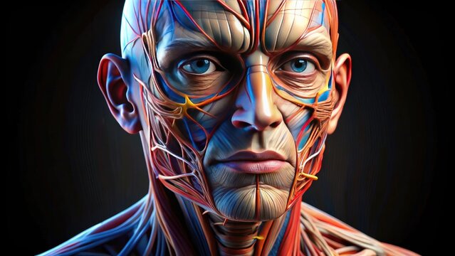 Illuminated 3D model of the human face, showcasing intricate network of muscles, tendons, and ligaments, highlighting the complex anatomy of facial expressions and movements.