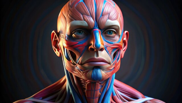 Illuminated 3D model of the human facial structure, showcasing intricate details of muscles, bones, and tissues responsible for emotional expressions and physical movements.
