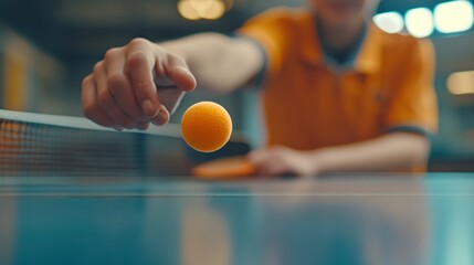 A man in an orange shirt is playing ping pong with a ball