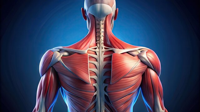Illustrated 3D model of the human upper back, highlighting the scapular muscles, including the trapezius, rhomboids, and levator scapulae, with detailed anatomy and labeling.