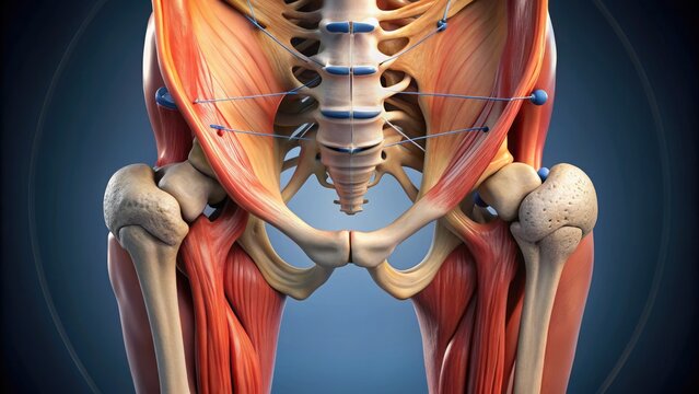Illustrated 3D model of the human hip joint, showcasing detailed labels of bones, muscles, and ligaments, including femur, pelvis, and surrounding tissue structures.