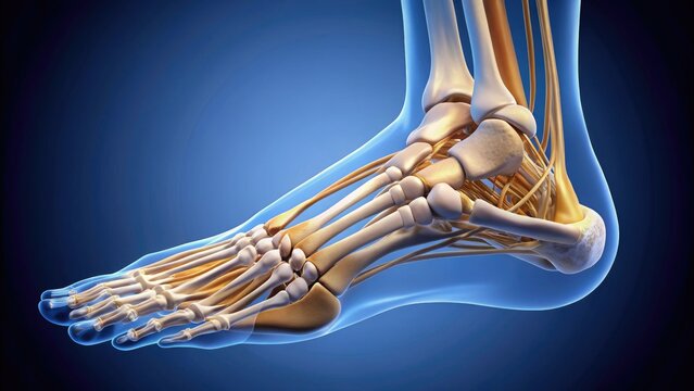 Illustrated anterior view of the human foot bones, showcasing the navicular bone's curved shape and its connections to surrounding tarsal and metatarsal structures.