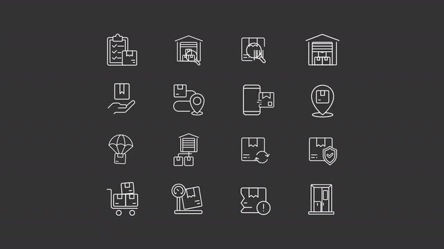 Delivery types animation library. Transportation service animated white line icons. Parcel safety, shipping packages. Isolated illustrations on dark background. Transition alpha. HD video. Icon pack