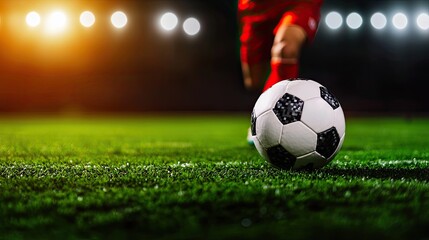 Fototapeta premium Soccer ball on illuminated field with player in motion during a match.