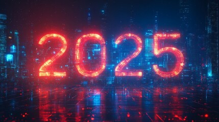 Exciting vision of the year 2025 with neon lights illuminating a futuristic cityscape