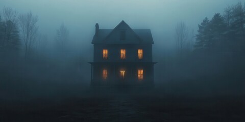Fototapeta premium Eerie fog envelops an old house, softly illuminated by glowing windows, creating a mysterious and haunting atmosphere.