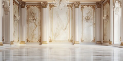 Elegant interior of a spacious room featuring white marble floors and golden accents, perfect for...