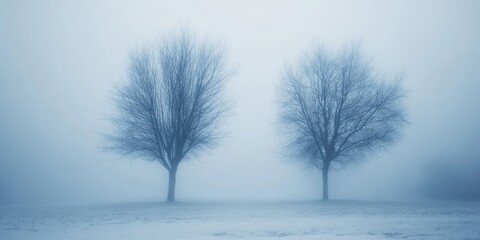 Fototapeta premium Ethereal scene of two bare trees in a misty landscape, creating a serene and tranquil atmosphere on a cold winter day.