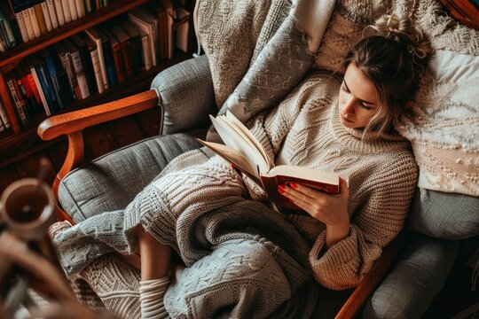 A woman curled up in a cozy armchair engrossed in a book with a warm cup of tea beside her.