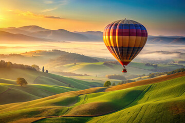 Fototapeta premium Colorful hot air balloon flying over rolling green hills at sunrise, with misty valleys and mountains in the background, creating a serene landscape