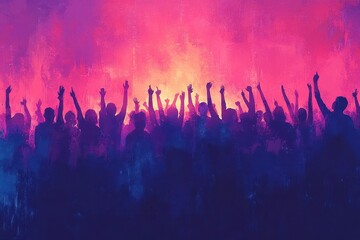 Fototapeta premium diverse crowd cheering with raised arms vector illustration style vibrant colors and simplified shapes capture excitement stadium or concert atmosphere with dynamic composition and energy