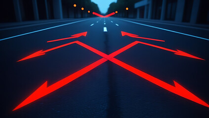red neon arrows glowing asphalt straight ahead concept path success guiding journey business career advancement