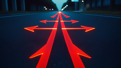 red neon arrows glowing asphalt straight ahead concept path success guiding journey business career advancement