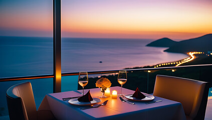 romantic dinner luxury restaurant view sunset ocean evening honeymoon dining resort