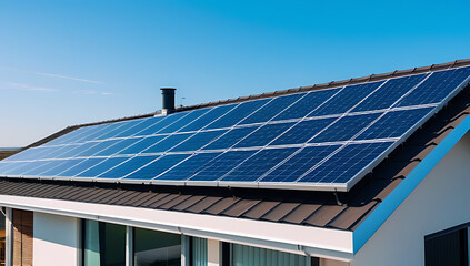 Fototapeta premium rooftop covered blue solar panels clear sky energy source modern home design