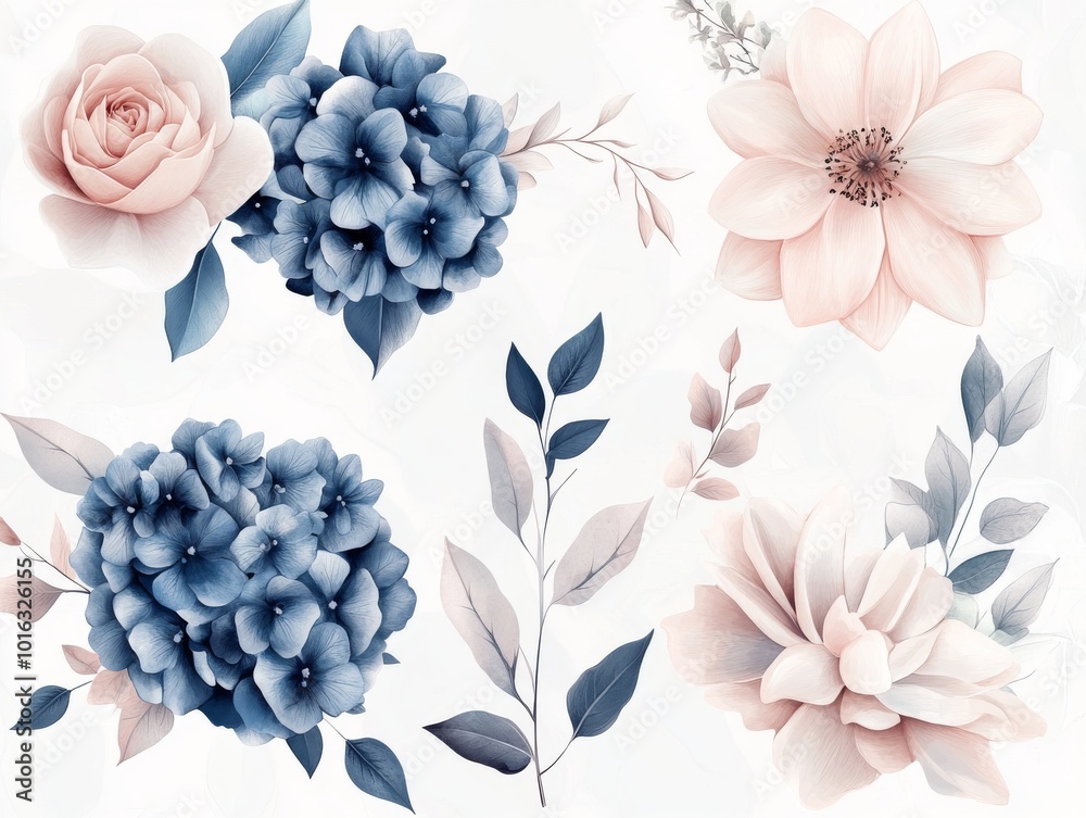 Wall mural 2408 35.A luxurious vector bouquet set, showcasing blue hydrangeas, blush roses, and dahlias nestled among magnolia flowers and eucalyptus leaves. The floral arrangements are highlighted by intricate