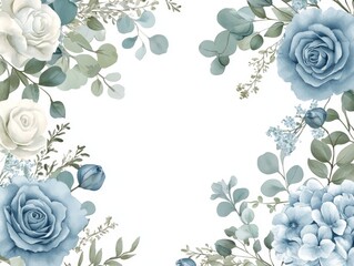 2408 38.A romantic collection of dusty blue flowers and eucalyptus branches, rendered in soft watercolor and framed in elegant vector borders. The design highlights hand-painted roses and hydrangeas,