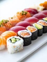 A variety of sushi rolls and sashimi displayed on a white slate plate. The rolls with salmon, tuna, avocado, and cucumber. close up, light background. sushi and sashimi set.