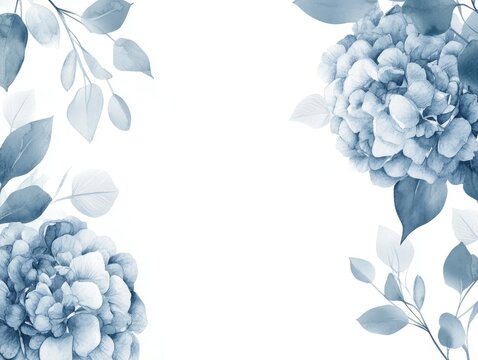 2408 36.A soft watercolor wedding invitation template featuring dusty blue hydrangeas and roses, with eucalyptus branches elegantly framing the white background. The hand-painted elements are