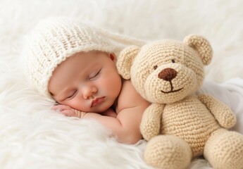 Newborn baby peacefully sleeps beside their soft and cuddly teddy bear