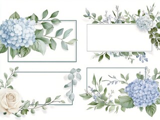 2408 40.A beautifully detailed set of wedding invitation frames featuring watercolor-painted hydrangeas in dusty blue, soft roses, and eucalyptus branches. The greenery accents and editable vector