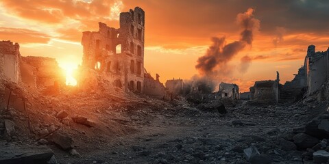 Fototapeta premium Post-apocalyptic landscape with crumbling buildings and dramatic sunset illuminating the destruction and chaos of a war-torn city.