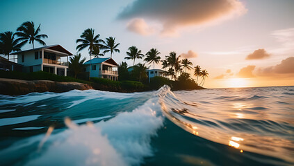 small ocean waves crashing tropical island modern houses palm trees sunset background peaceful coastal scenery