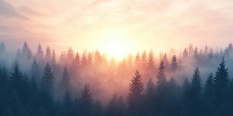 Fototapeta premium Serene forest landscape at sunrise, featuring misty trees and soft light illuminating the horizon.