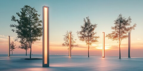 Serene landscape with illuminated pillars and trees at sunset, creating a tranquil and modern atmosphere.