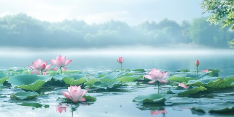 Serene landscape featuring pink lotus flowers blooming on a tranquil lake surrounded by gentle mist and lush greenery.