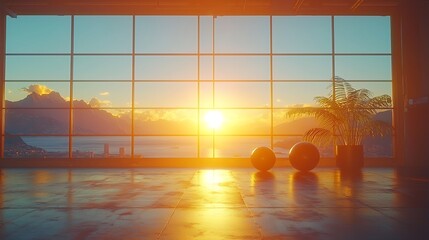 Fototapeta premium Chic Minimalist Home Gym with Scenic Sunset View