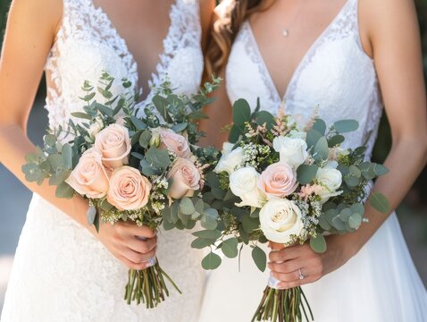 2408 50.A close-up of two brides exchanging smiles during their wedding, holding hands with a beautifully arranged bouquet of roses and eucalyptus. Their white wedding dresses are adorned with lace