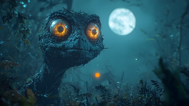 Troodon a small feathered dinosaur stalking through the underbrush at night its large glowing eyes shining in the dark as it hunts under the mysterious light of the full moon in a moody