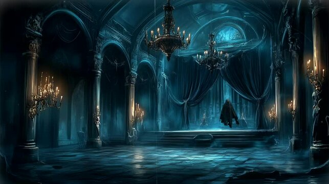 A decayed stage in a gothic mansion. Looping 4k video animation background
