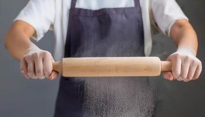 Baker rolling dough with a wooden rolling pin, white isolate background