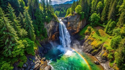 High angle view of Rainbow Falls at Harrison Lake, Cascade Bay, British Columbia