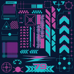 cyberpunk y2k 2000s gaming futuristic icon pattern  set collection template hud for branding fashion t-shirt decoration decals, 2d illustration rendering vector  © issaronow
