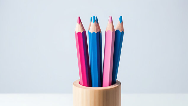 two wooden colored pencils blue pink isolated white background sharp stationery tool drawing writing student equipment school