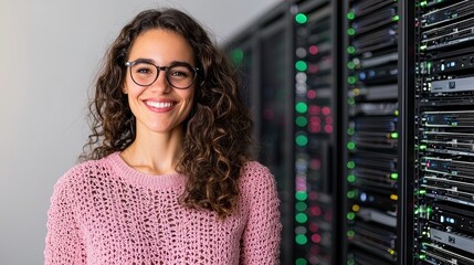 Smiling Woman Working in Data Center with Digital Interface Technology Specialist in Server Room