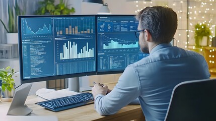 A businessman reviewing detailed data analytics on a large monitor
