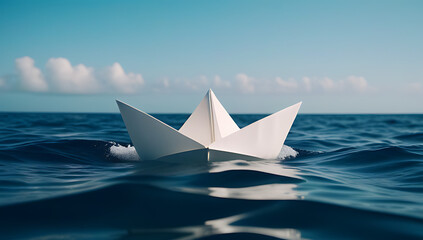 white paper boat floating ocean representing adventure hope resilience sails waves