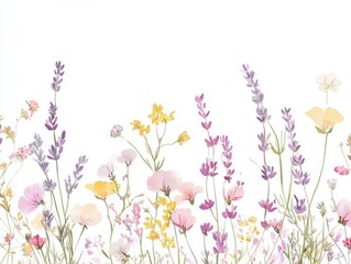 Fototapeta premium 2408 82.A botanical illustration of tiny wildflowers in shades of pink, lavender, and yellow, forming a gentle floral border on a white background. The soft colors and delicate petals create an