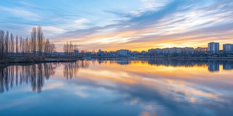 Fototapeta premium Stunning sunset reflection on peaceful lake with vibrant colors and serene landscape, perfect for nature and tranquility themes.