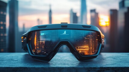 Futuristic augmented reality headset with cityscape reflection