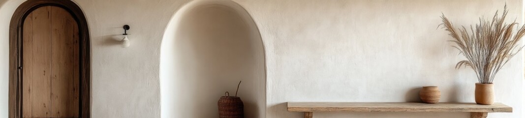 Rustic Boho Farmhouse Hallway with White Stucco Walls and Arched Doorway