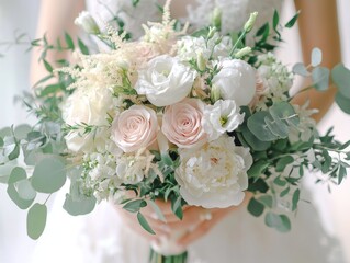 Obraz premium 2408 89.A close-up of a beautifully arranged wedding bouquet, featuring soft pink roses, white peonies, and delicate eucalyptus leaves. The bride holds the bouquet gently, with soft light