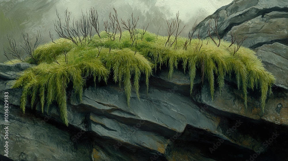 Sticker Moss Covered Rock in a Lush Forest Landscape